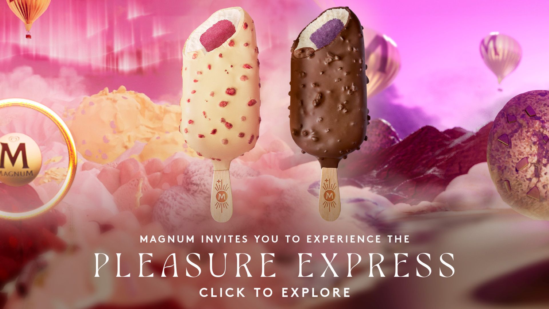 Zwei Magnum-Eissorten vor rosafarbenem Hintergrund mit Gebirge und Heißluftballons.