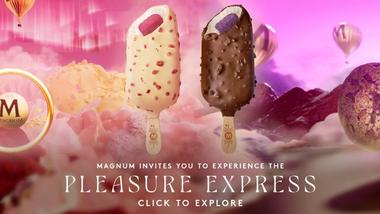 Zwei Magnum-Eissorten vor rosafarbenem Hintergrund mit Gebirge und Heißluftballons.