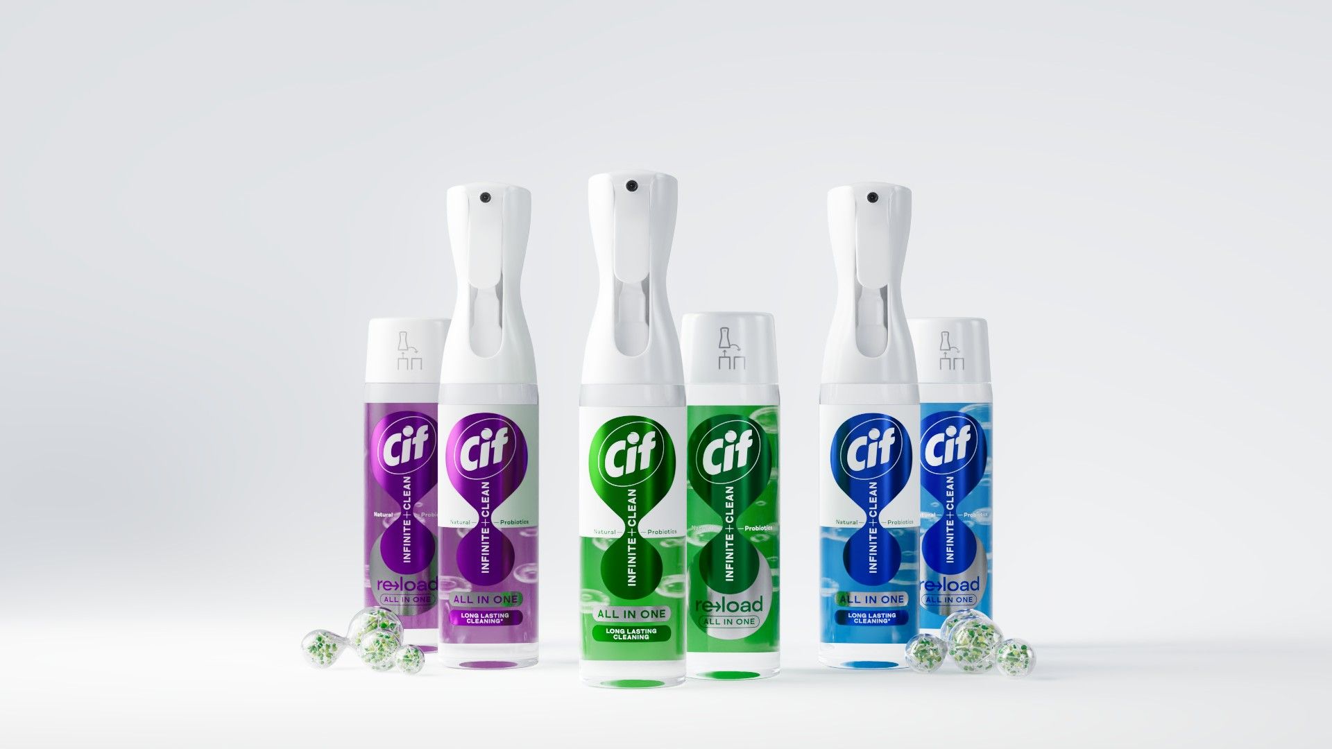 Neue Infinite-Clean-Sprays und Nachfüllpackungen von Cif in allen Duftvarianten