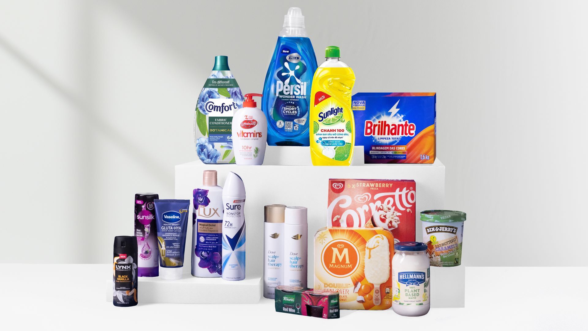 Eine Reihe von Unilever-Produkten mit Marken wie Vaseline, Cornetto und Hellmann’s.