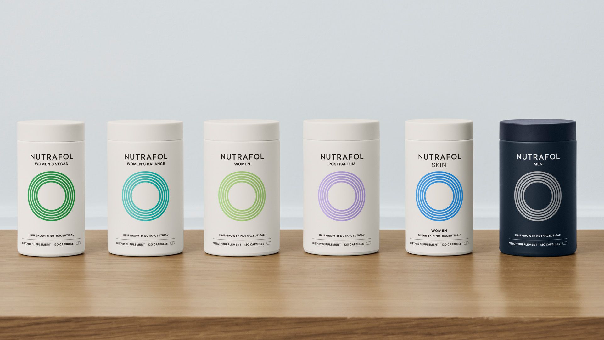 Eine Auswahl von Nutrafol-Nahrungsergänzungsmitteln.