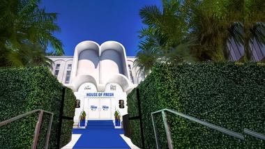 Der mit blauem Teppich ausgelegte Zugang zum „House of Fresh“ in Miami, das speziell dafür konzipiert wurde, dass Creators rund um die Uhr Fan-Inhalte bereitstellen können.