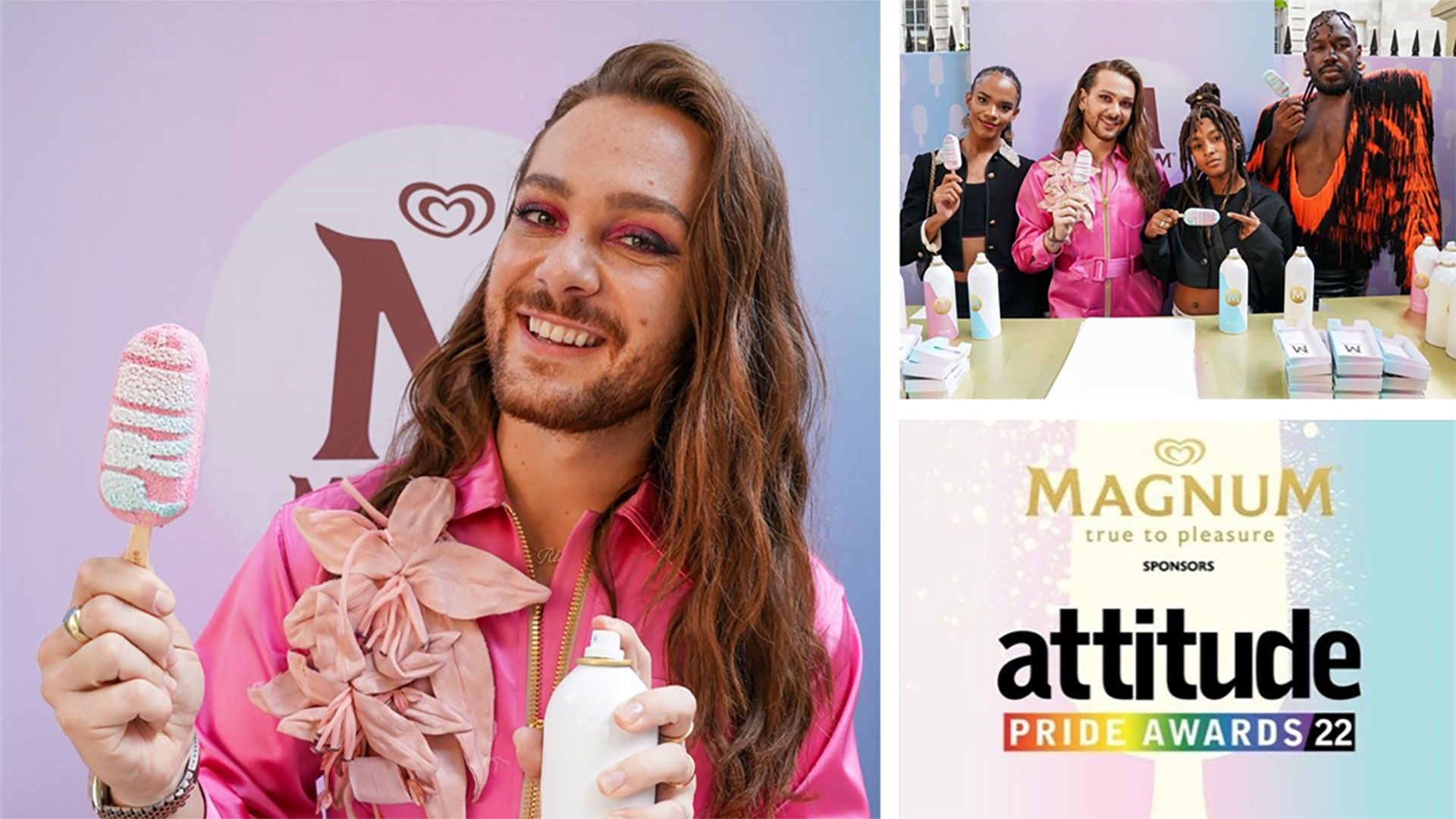 Riccardo Simonetti mit Magnum in der Hand und zusammen mit den Preisträger*innen der Attitude PRIDE Icon Awards.