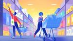 Illustration eines Supermarkts, links ein Mann, der in ein Regal greift, rechts eine Frau, die einen Einkaufswagen schiebt.