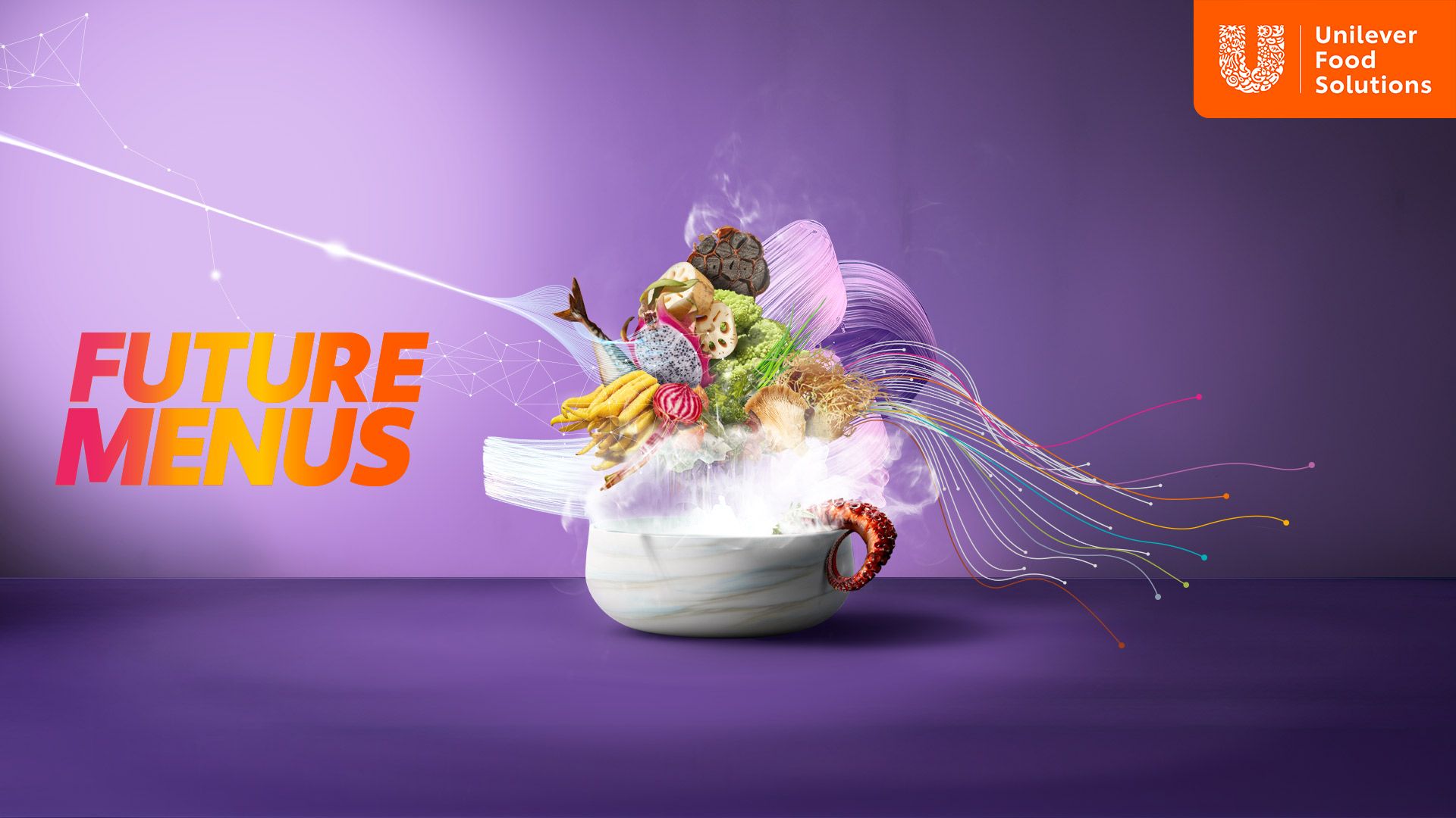 Kampagnenbild zu Future Menus: eine Schüssel mit verschiedenen Lebensmitteln auf Lilafarbenem Hintergrund.
