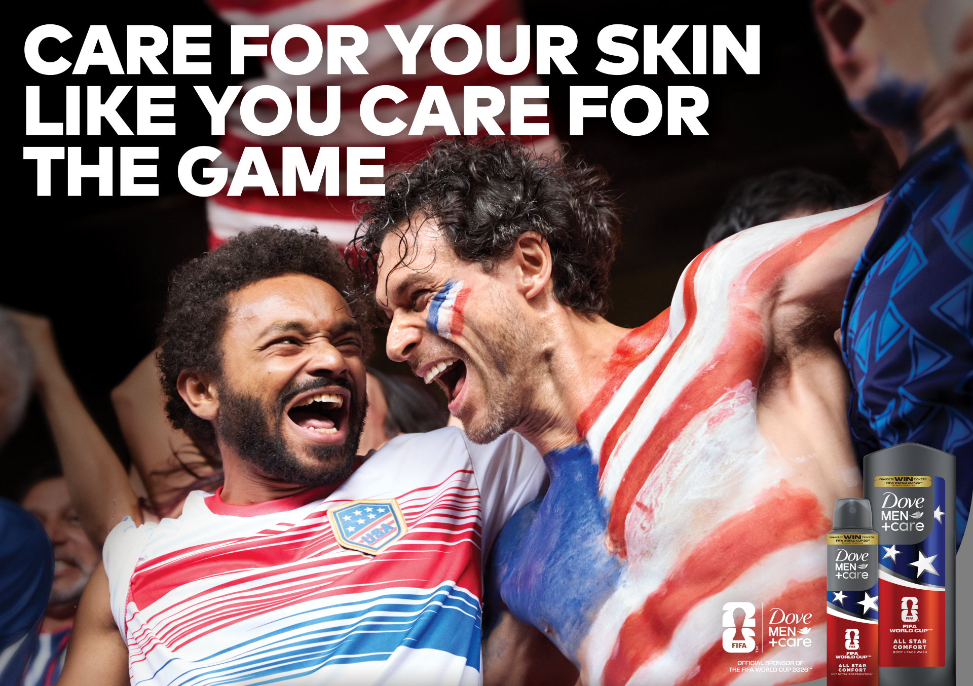 Zwei männliche amerikanische Fans feiern gemeinsam – neben einem Aufruf von Dove Men+Care, die eigene Haut genauso zu pflegen wie das Spiel.