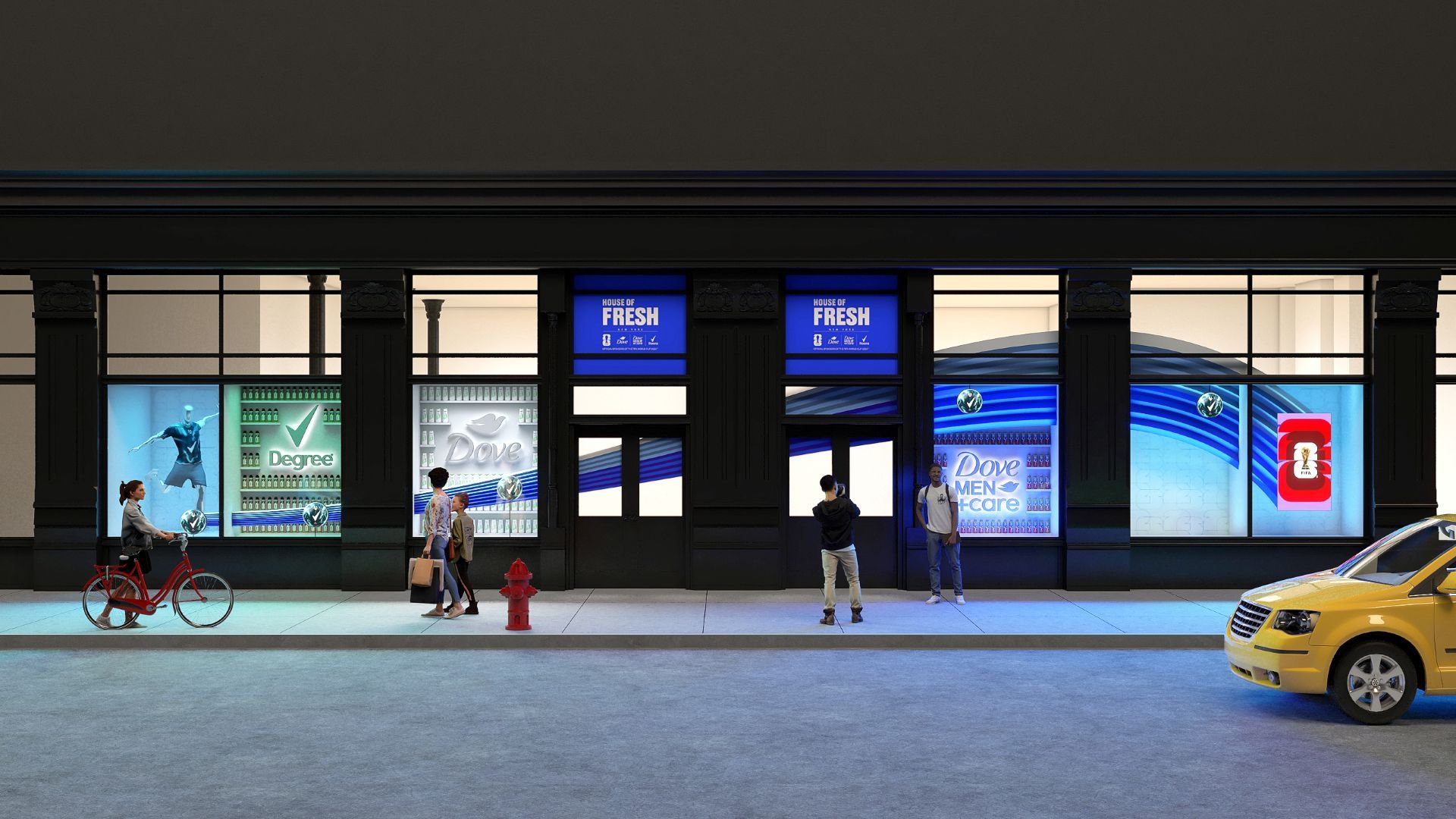 Nächtliche Straßenszene an einem „House of Fresh“, in dessen Schaufenster beleuchtete Auslagen für Degree, Dove und Dove Men+Care sind. Vor den Fenstern reihen sich Regale mit Produkten aneinander, Menschen gehen zu Fuß vorbei, eine Person fährt mit dem Fahrrad, eine andere macht ein Foto.