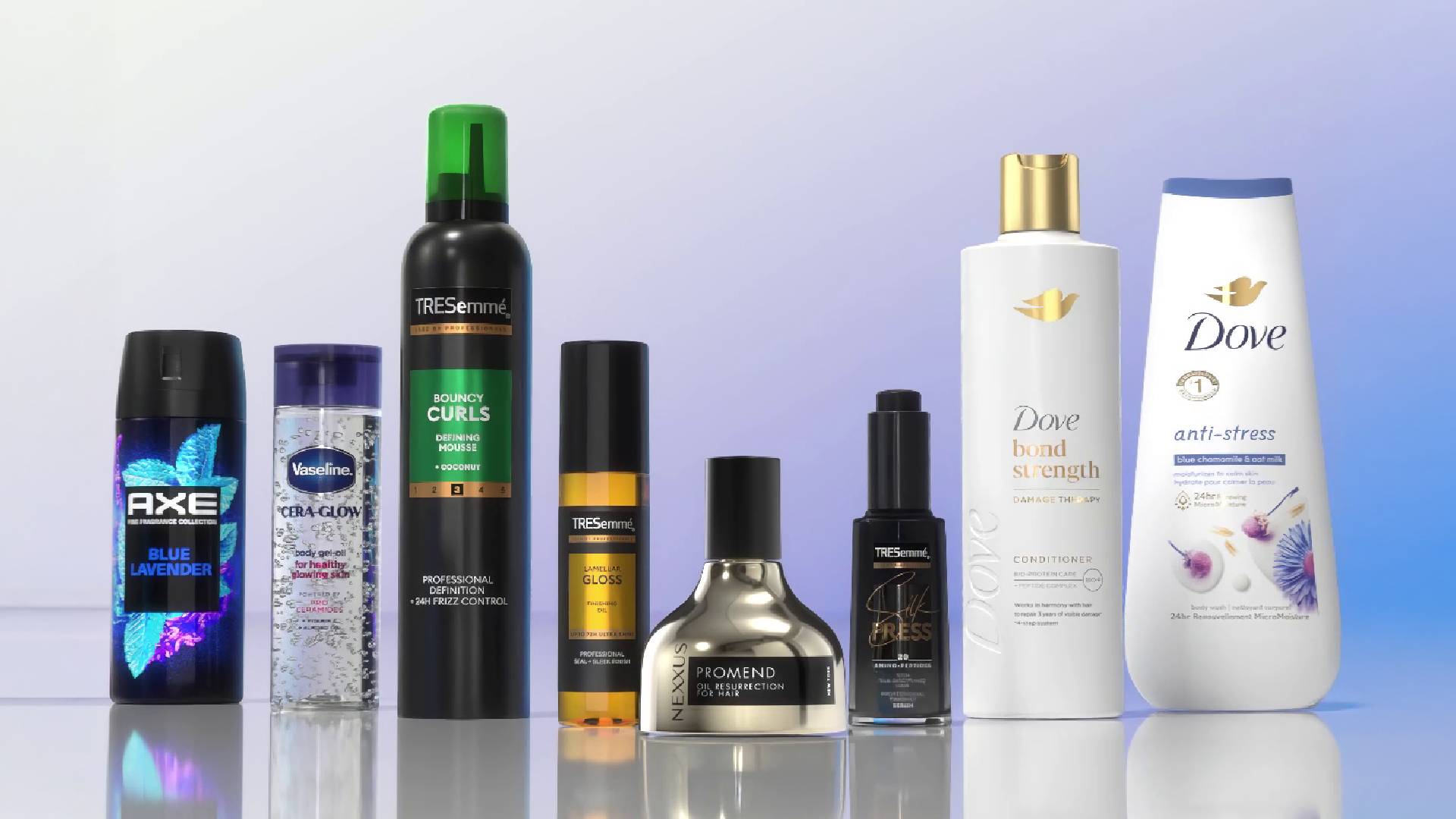Eine Auswahl an Produkten von Axe, Vaseline, TRESemmé und Dove, die im D-Commerce erhältlich sind.