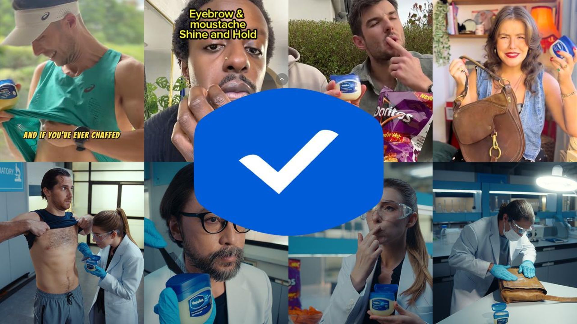 Bild der Kampagne „Vaseline Verified“ mit Menschen beim Ausprobieren praktischer Tipps und Unilever-Forscher*innen beim Testen dieser Tipps unter Laborbedingungen.