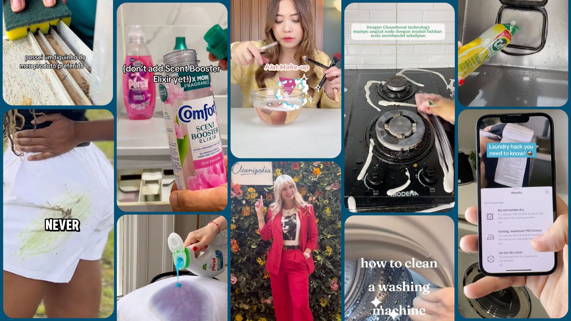 Screenshots von TikTok-Nutzern aus der beliebten #CleanTok-Community, die Hacks und Tipps mit Reinigungs- und Waschmitteln von Unilever zeigen.