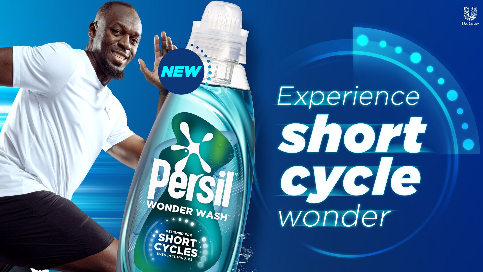 Werbebild von Usain Bolt und Persil Wonder Wash und dem Text ‘Erleben Sie ein Kurzzeitwunder’.