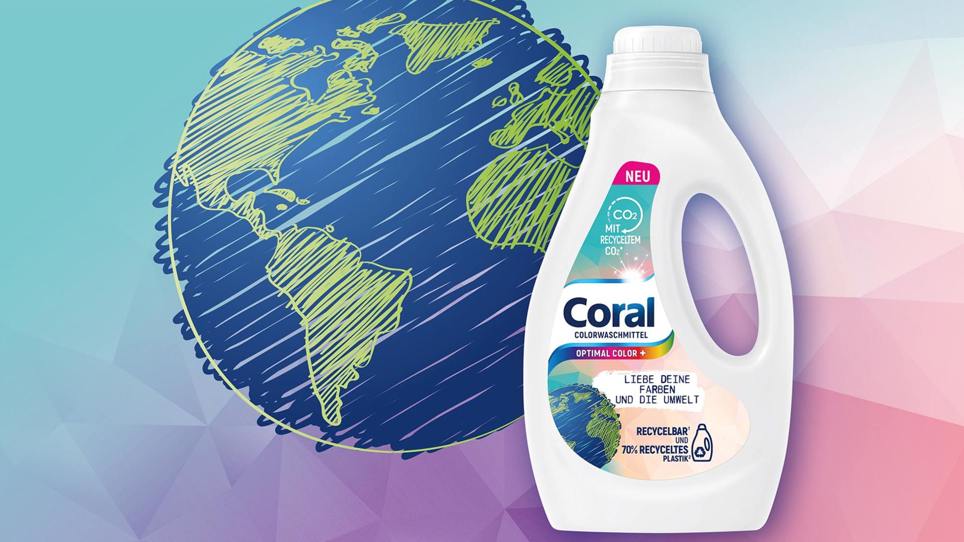 Coral Optimal Color mit recyceltem CO2 neben einer gezeichneten Erdkugel.