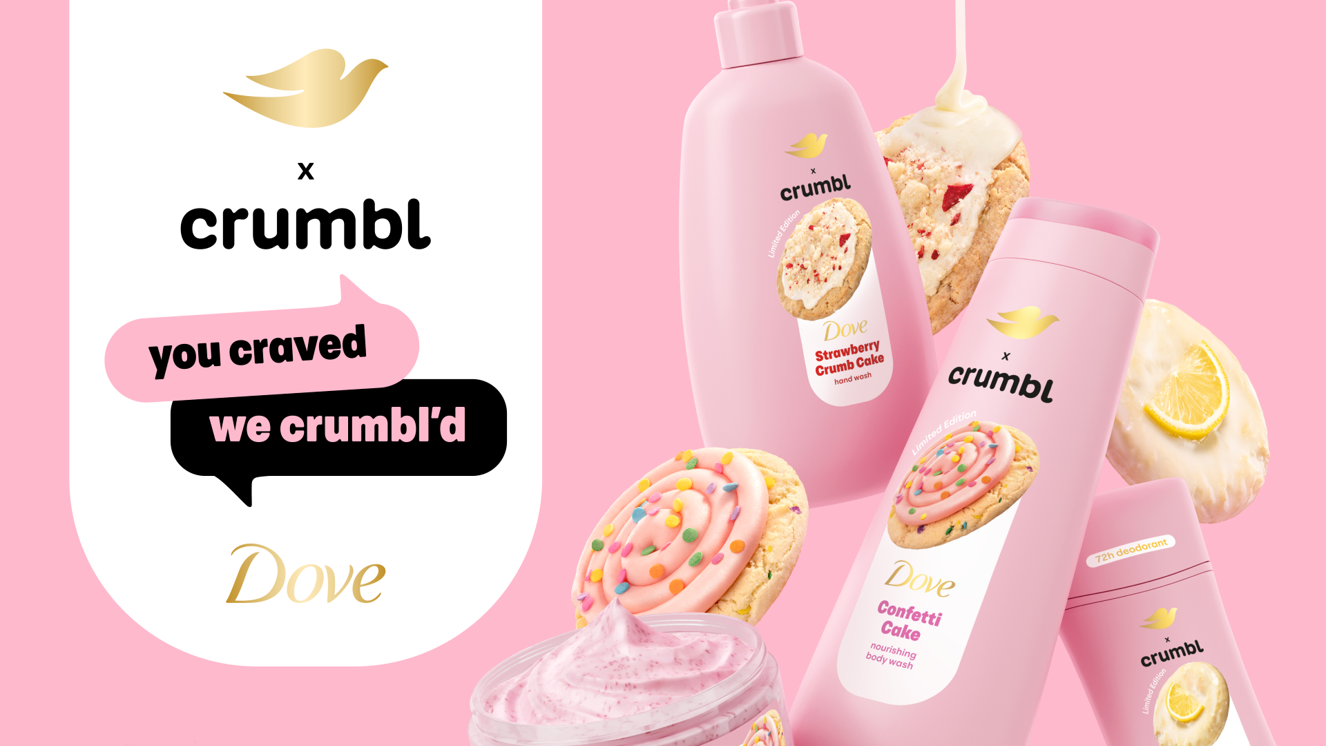 Werbeanzeige für die in Zusammenarbeit mit Crumbl Cookies entstandene Körperpflegeserie von Dove