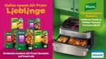 Links Abbildungen der Knorr Airfryer Fix-Produkte, rechts ein Philips Airfryer mit offener Schublade, in der ein fertig zubereitetes Gericht zu sehen ist.