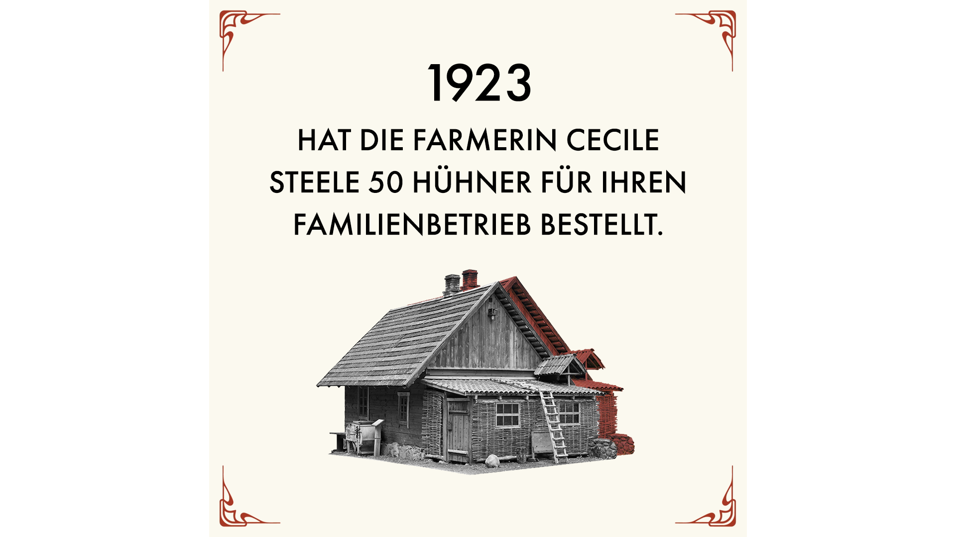 1923 hat die Farmerin Cecile Steele 50 Hühner für ihren Familienbetrieb bestellt. 
