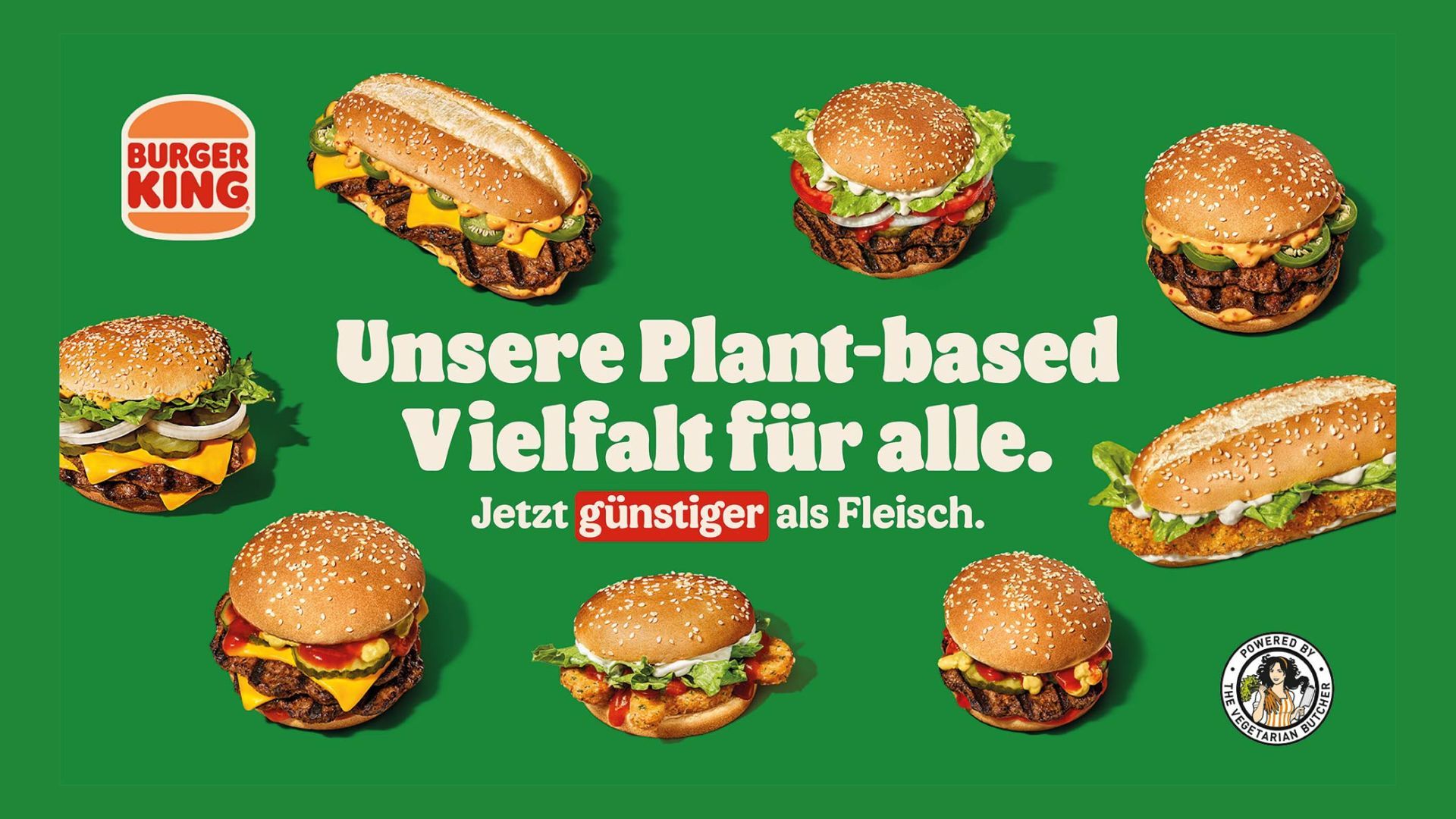 Verschiedene pflanzenbasierte Produkte von The Vegetarian Butcher, die bei Burger King erhältlich sind.