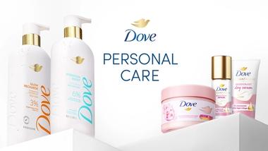 Banner mit dem Schriftzug „Personal Care“, flankiert von hochwertigen Duschgel-Flaschen und einer Auswahl aus der Dove-Serum-Serie.