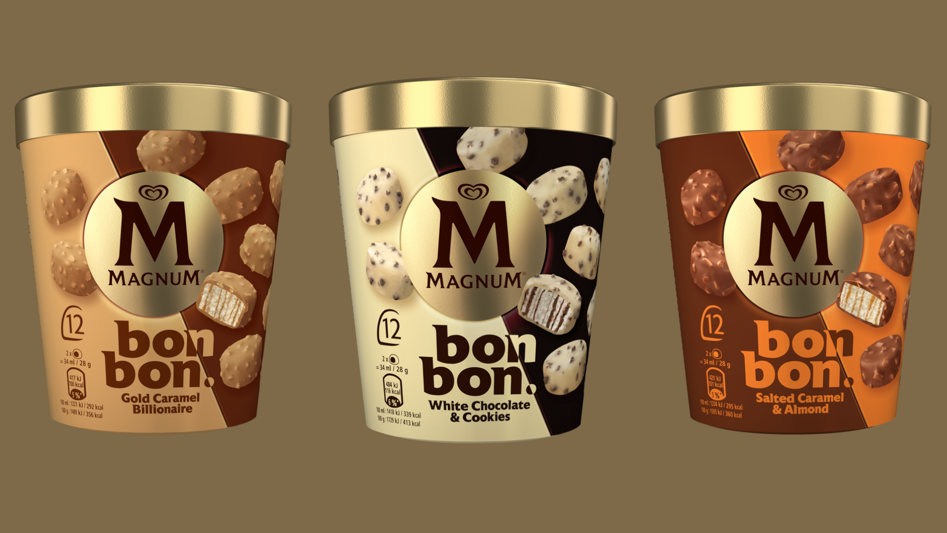 Drei Sorten des Magnum “bonbon“-Eis im Becher-Format