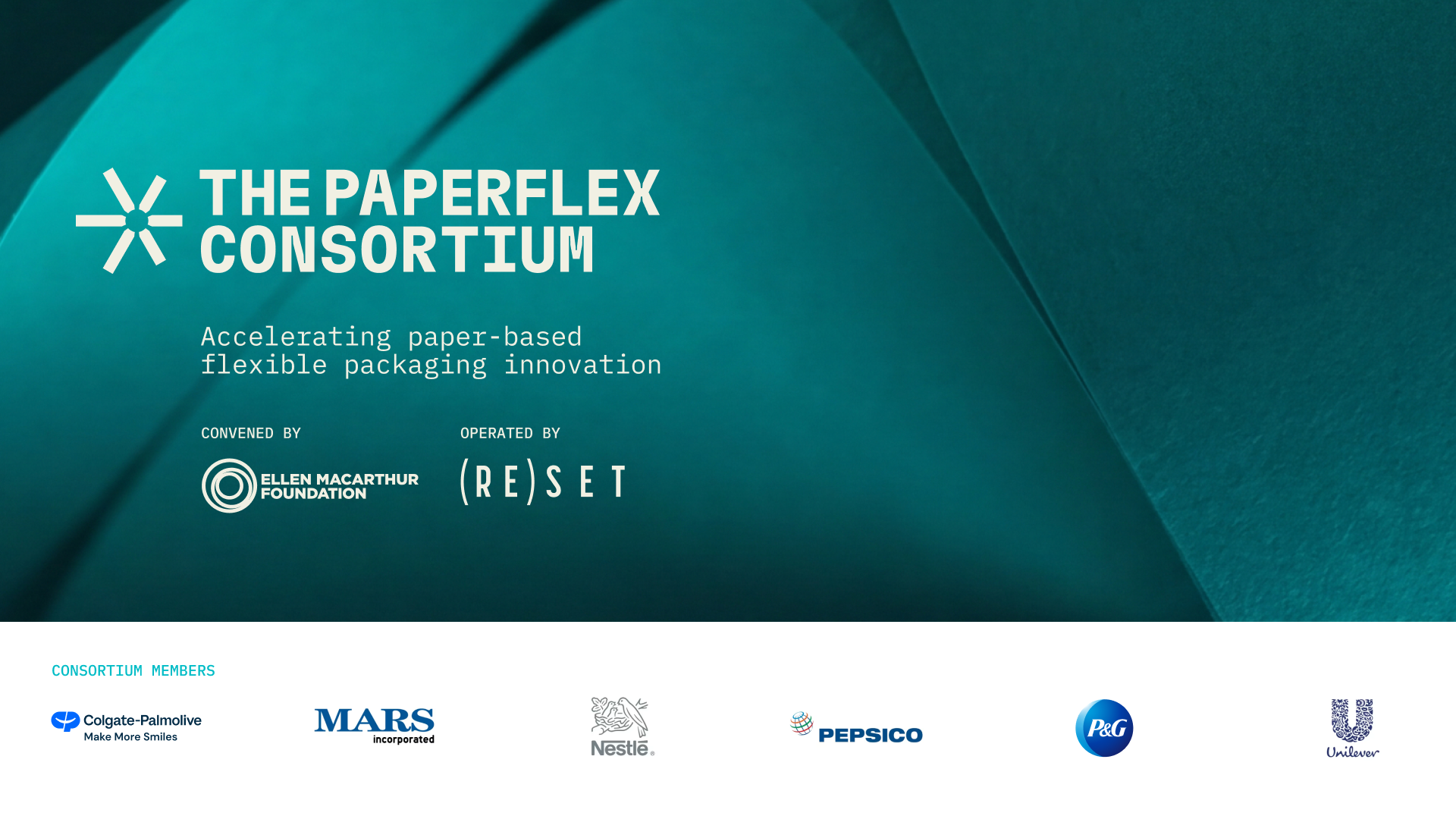 Bildmaterial des PaperFlex-Konsortiums mit den Logos von Colgate-Palmolive, Mars, Nestlé, PepsiCo, Procter & Gamble und Unilever.