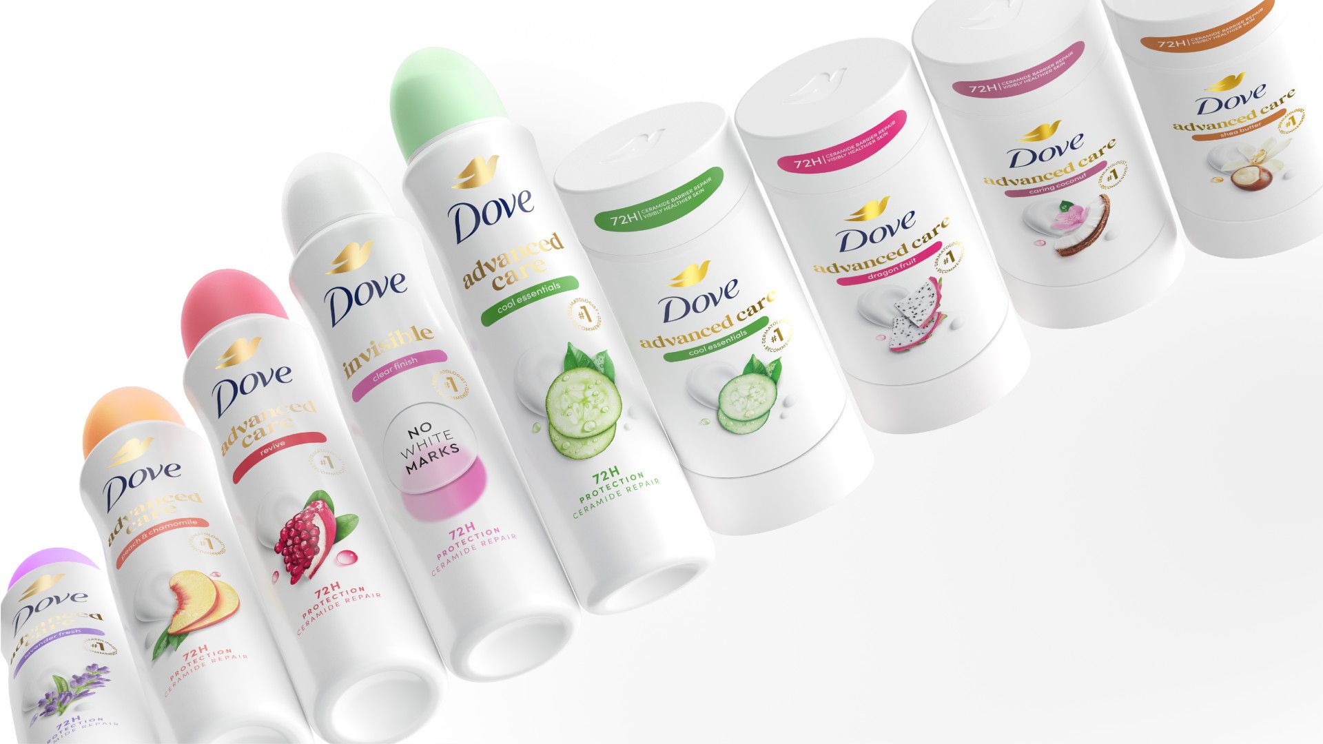 Dove Deodorants als Spray und Stick in verschiedenen Produktvarianten mit rosa, hellgrünen, violetten und orangefarbenen Verschlüssen.