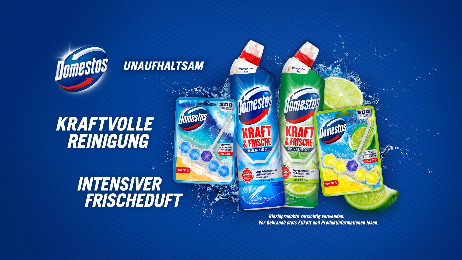 Die Domestos-Produktpalette auf blauem Hintergrund.