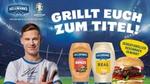 Joshua Kimmich und Burger mit Stadion im Hintergrund. Hellmann’s und Knorr sind offizielle BBQ-Partner der UEFA EURO 2024TM.