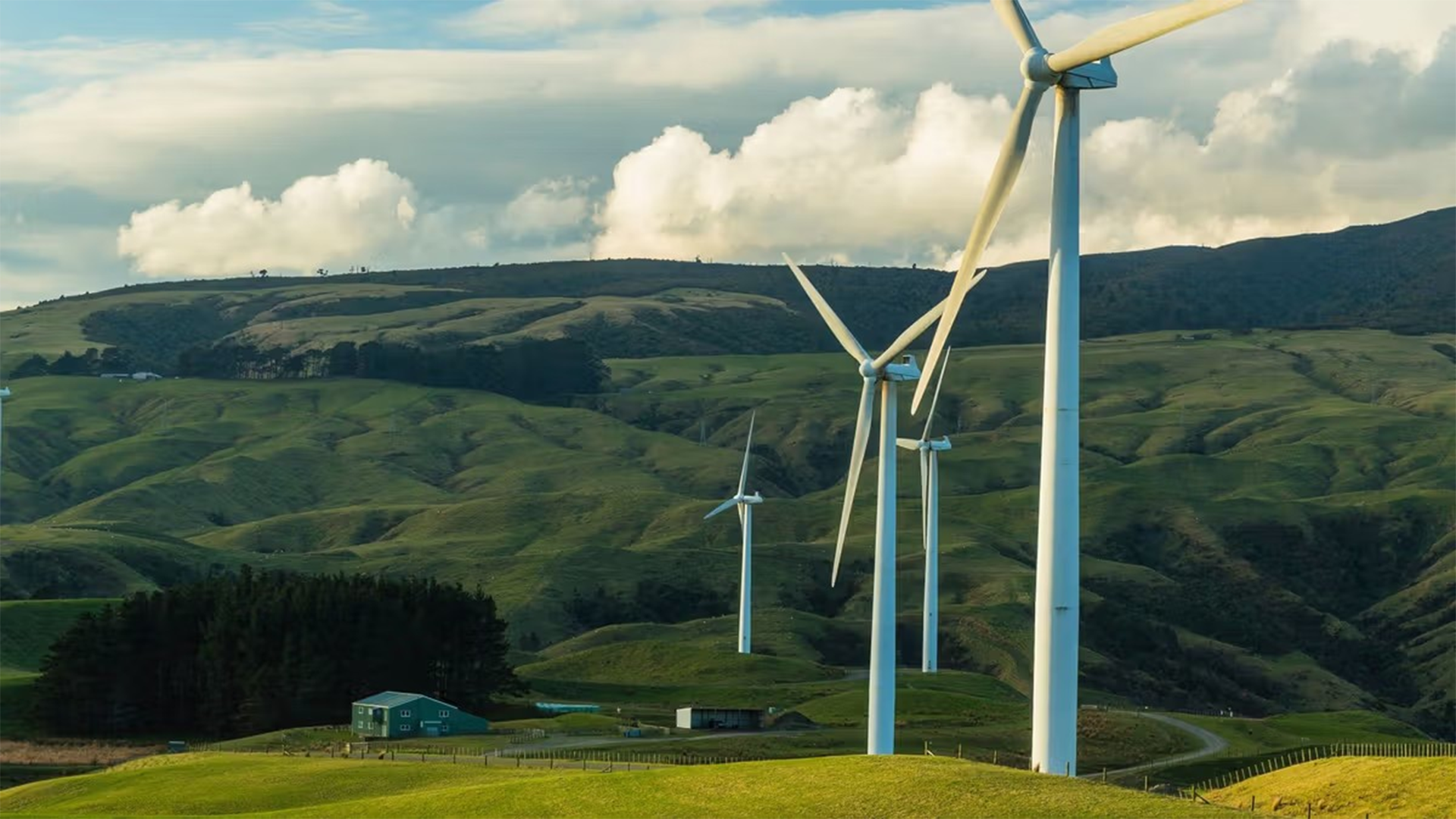 Inmitten grüner Wiesen erzeugen mehrere Windräder erneuerbare Energie, die ein wichtiger Bestandteil der Klimaschutzpläne vieler Unternehmen ist.