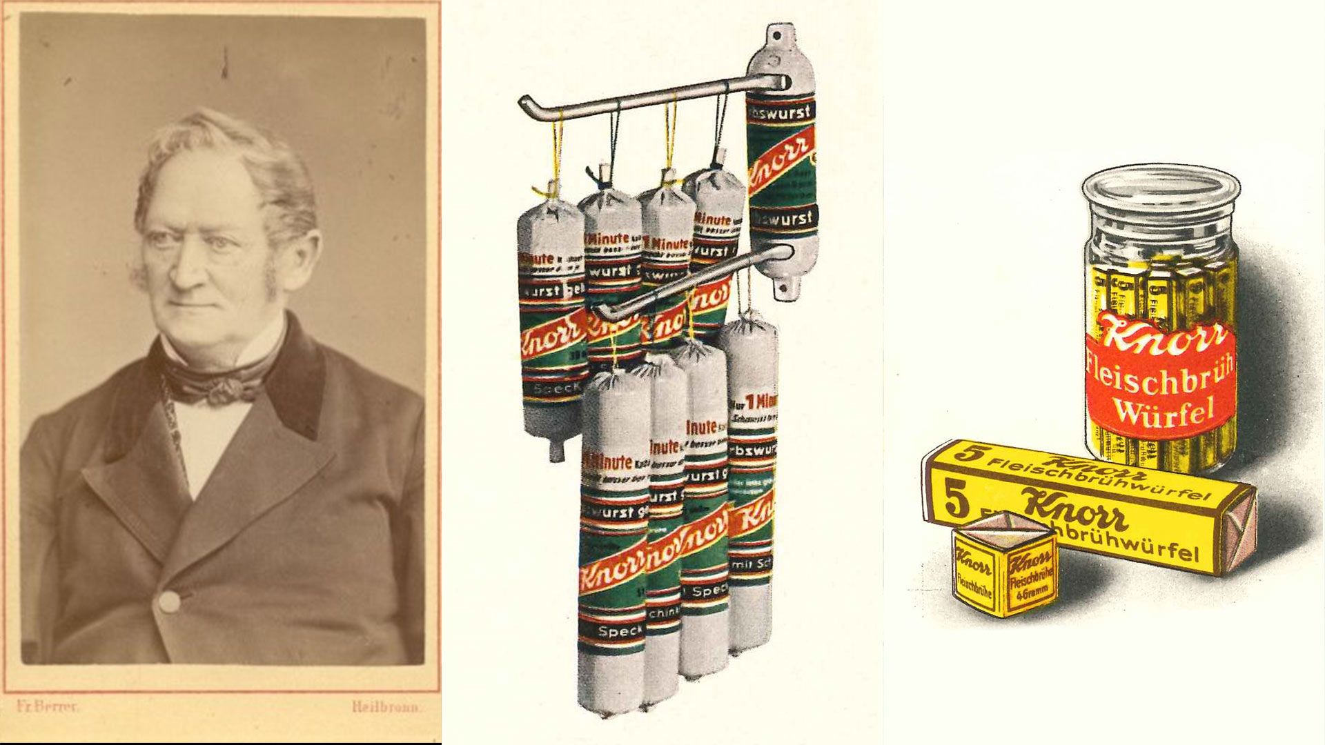 Ein Bild von Carl Heinrich Knorr, daneben historischen Abbildungen von der Erbswurst und den Fleischbrühwürfeln